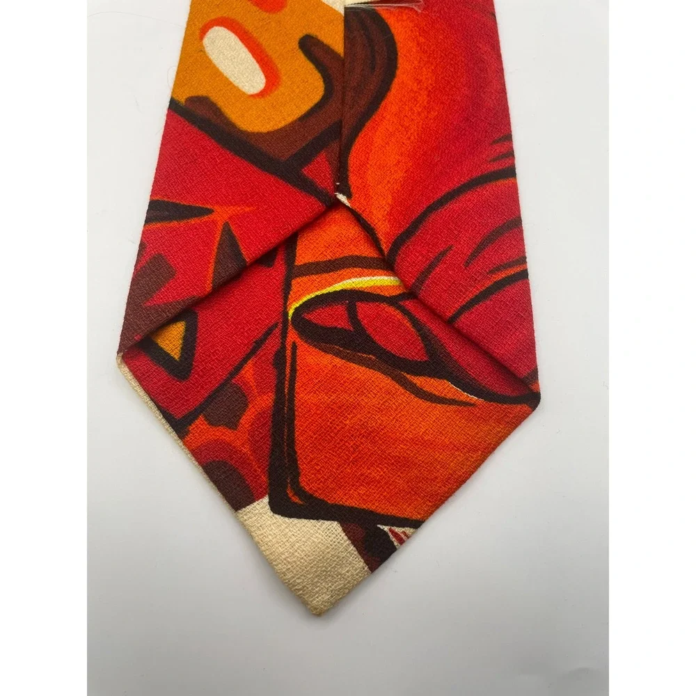 Vintage Kole Hawaii Mens Cotton Barkcloth Tie Red Orange Abstract Tiki Retro